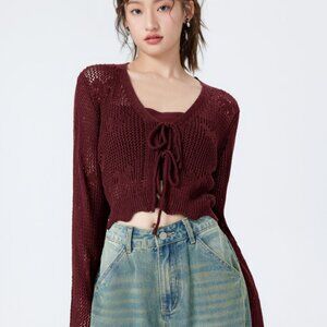 Cider Burgundy Solid Hollow Out Knit Knotted Cardigan L (US 8) NWT